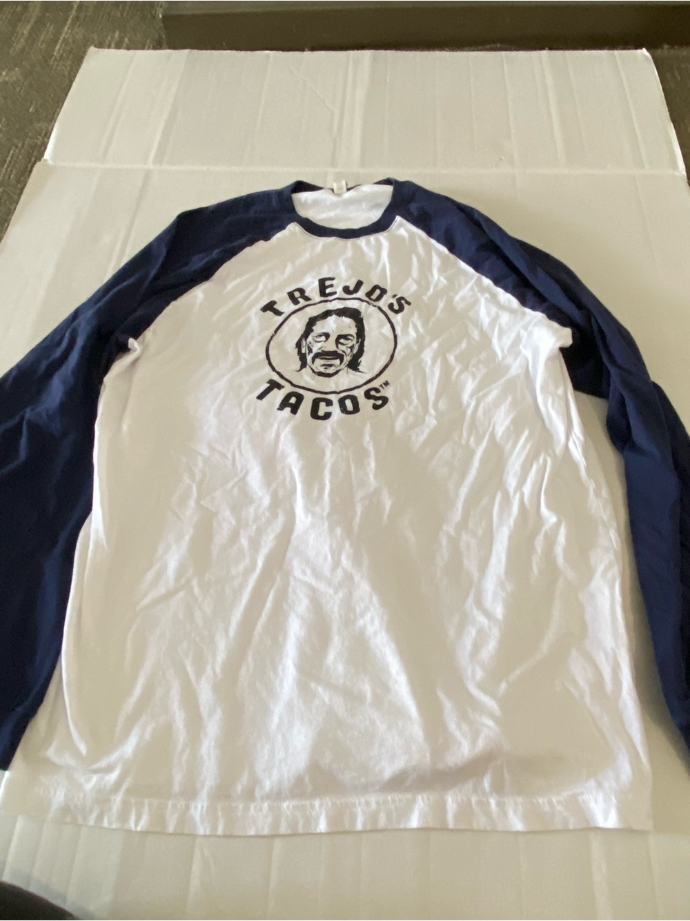 Trejo's Tacos Raglan Baseball Tee - White & Navy 2XL 24” armpit Tuesday Tacos - Picture 2 of 5